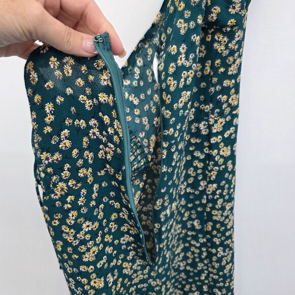 Womens L Green Yellow Floral Print Midi Dress w/Sweetheart Neckline &‎ Tie Back - Picture 7 of 13